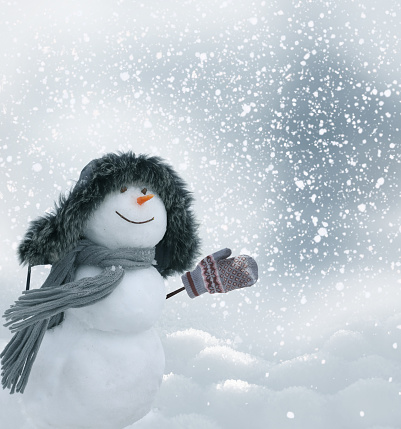 Merry christmas and happy new year greeting card  with copy-space.Happy snowman standing in winter christmas landscape.Snow background