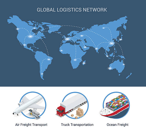 globales logistiknetzwerk flache isometrische vektorillustration - business global business merger globe stock-grafiken, -clipart, -cartoons und -symbole