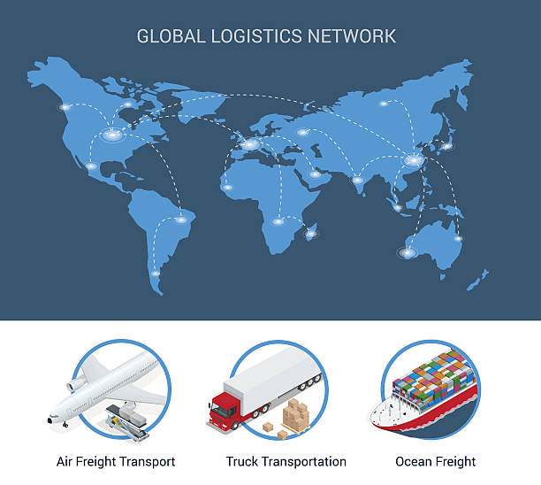 illustrations, cliparts, dessins animés et icônes de réseau logistique mondial illustration de vecteur isométrique plat - business global business merger globe