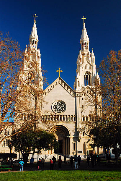 San Francisco CA, USA - March 9 2009 The historic Sts Peter and Paul's Church sits on the perimeter of Washington Square in the North Beach district of San Francisco, California.  