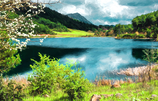 A blue lake under a cloudy sky in the mountains - landscape - painting effect
