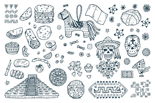ilustraciones, imágenes clip art, dibujos animados e iconos de stock de conjunto de vectores de méxico. día de muertos atributos, patrones, comida - dibujos de aztecas