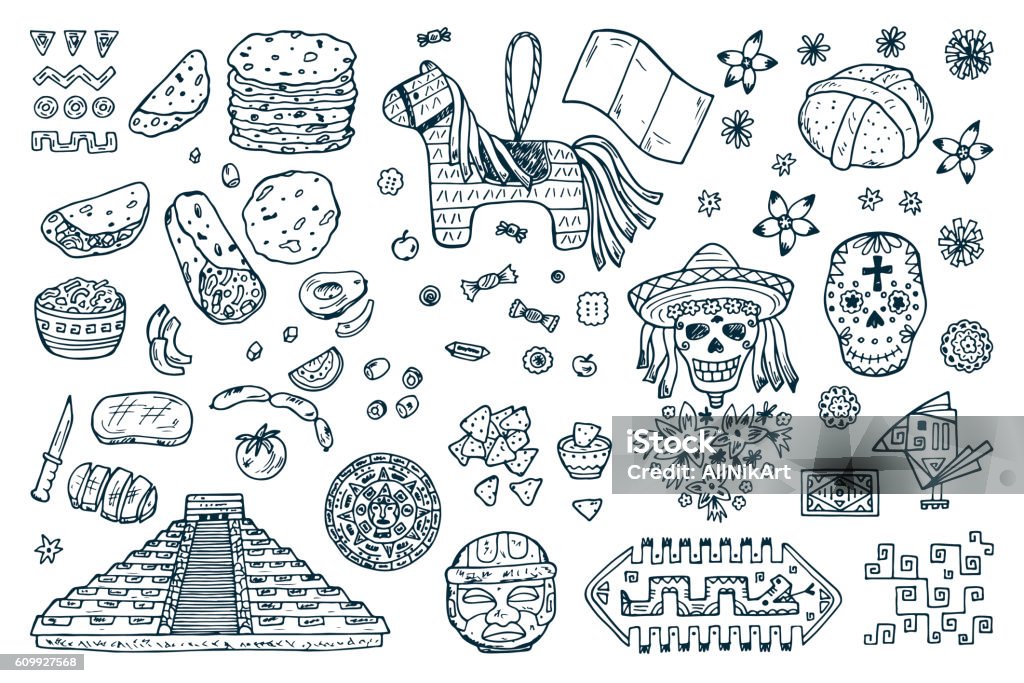 Mexico Vector set. Day of the Dead Attributes, patterns, food Mexico Vector set. Mexican items - Hand drawn doodle Mexican sights, cultural artifacts, Day of the Dead Attributes, patterns, food Aztec Civilization stock vector