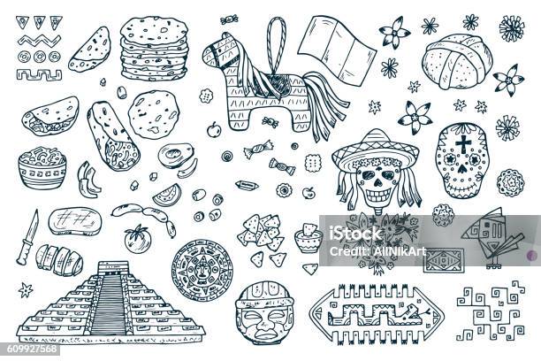 Mexico Vector Set Day Of The Dead Attributes Patterns Food Stock Illustration - Download Image Now