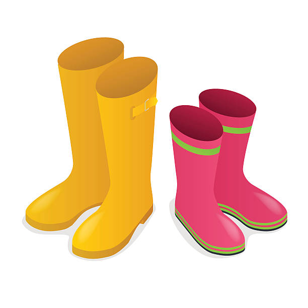 isometrische gelbe und rosa gummistiefel - rain protection personal accessory autumn stock-grafiken, -clipart, -cartoons und -symbole