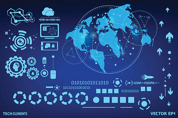 ilustrações, clipart, desenhos animados e ícones de vetor de design de tecnologia hud interface futurista - computer network television broadcasting earth globe