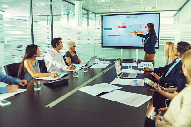 istock Businesswoman explaining and pointing to a graph chart 609930164