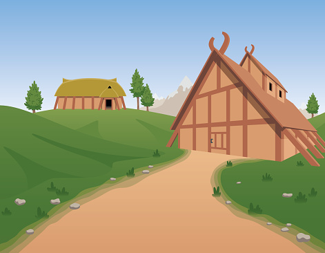 A viking era settlement including a mead hall and a long house.