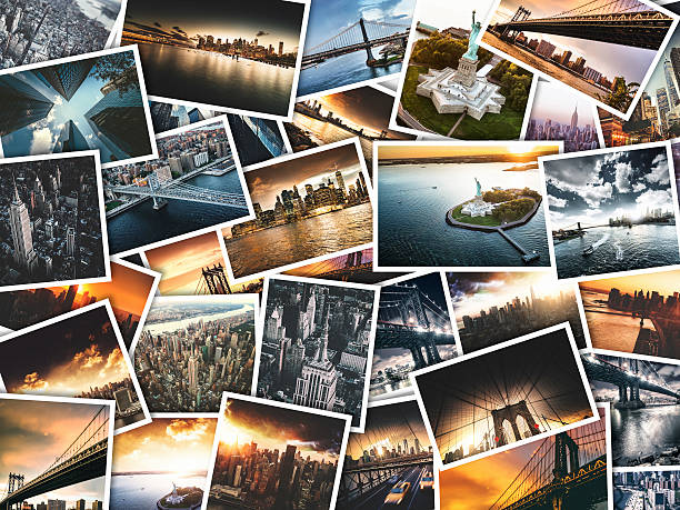 nyc travel images on polaroid paper various size of mixed race characters collage image montage photos stock pictures, royalty-free photos & images