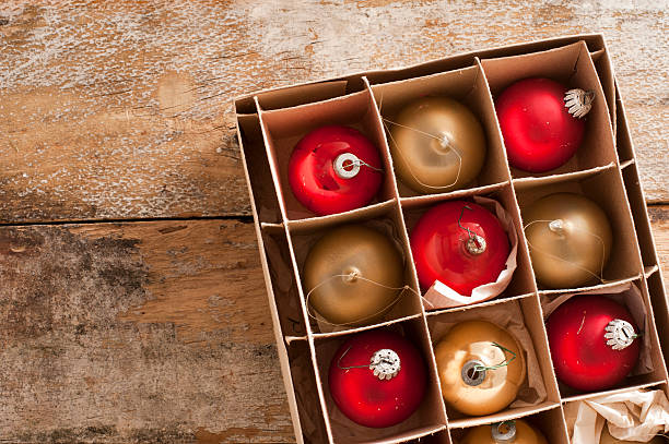 istock Shiny red and gold holiday ornaments in box 609933522