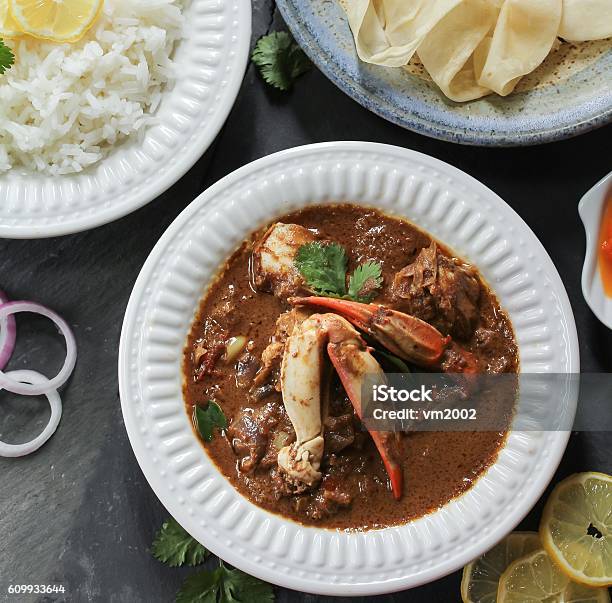 Crab Curry Served With Rice And Rumali Roti Stock Photo - Download Image Now - Basmati Rice, Cooked, Cornmeal