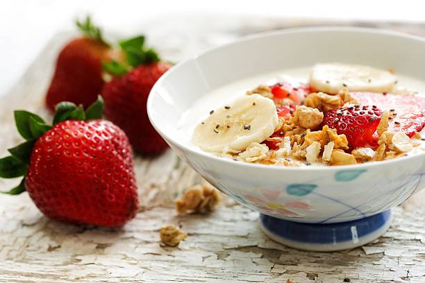 istock Breakfast yogurt bowl with strawberries, selective focus 609934878
