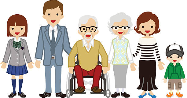 ilustrações, clipart, desenhos animados e ícones de família multigera - vovô cadeirante - senior couple isolated white background standing