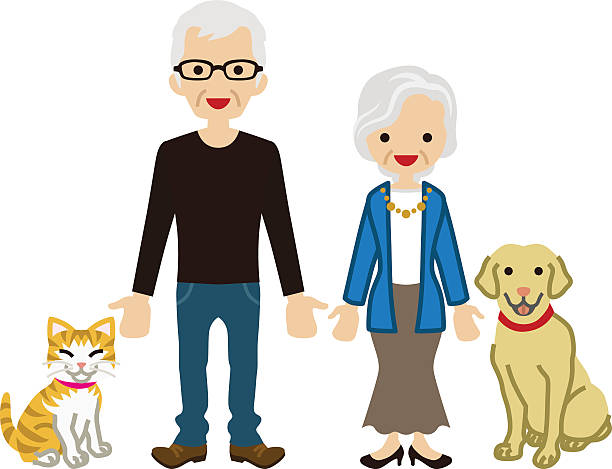 ilustrações, clipart, desenhos animados e ícones de casal sênior - animais de estimação - senior couple isolated white background standing