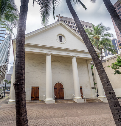 Honolulu, USA - August 6, 2016: The Cathedral Basilica of Our Lady of Peace on August 6, 2016 in Honolulu. It is the Mother Church of the Diocese of Honolulu and houses the cathedral of the Bishop of Honolulu.