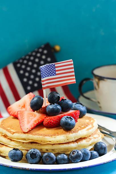 istock 4th of July breakfast pancakes, selective focus 609936050