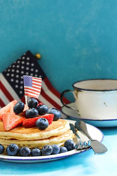 istock 4th of July breakfast pancakes, selective focus 609936064