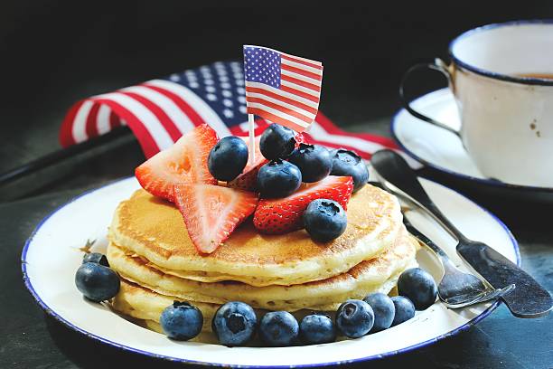 4th of July breakfast pancakes, selective focus