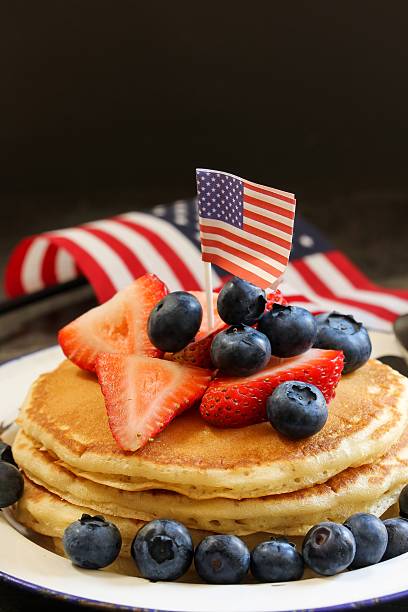 istock 4th of July breakfast pancakes, selective focus 609936078
