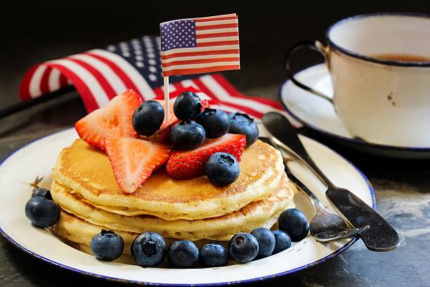 istock 4th of July breakfast pancakes, selective focus 609936088
