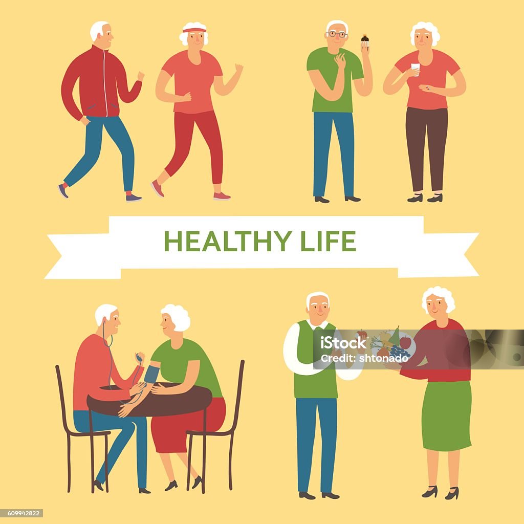 Cartoon Old People Taking Care Of Their Health Stock Illustration - Download  Image Now - Adult, Adults Only, Apple - Fruit - iStock
