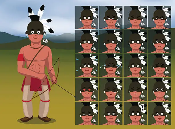 Vector illustration of Native American Archer Warrior Cartoon Emotion faces Vector Illustration