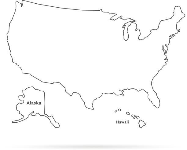 다른 영토와 그림자와 얇은 라인 미국지도 - territories stock illustrations