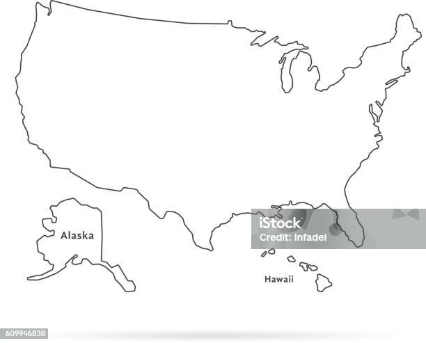Thin Line Usa Map With Other Territories And Shadow Stock Illustration - Download Image Now