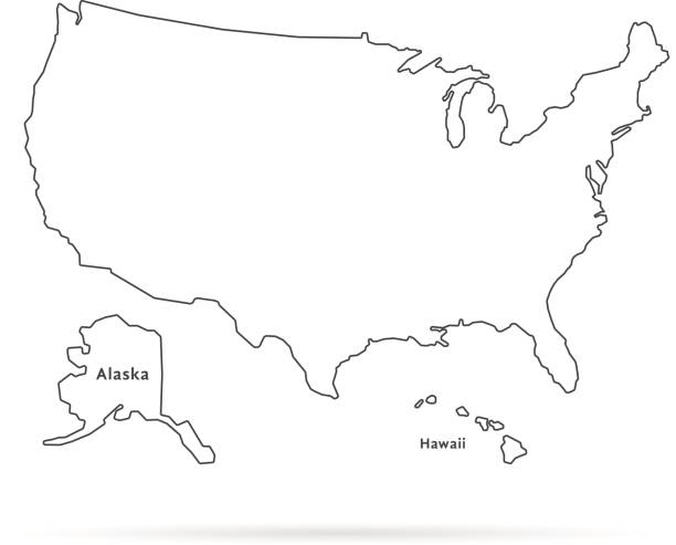 thin line usa map with other territories and shadow - 外型 幅插畫檔、美工圖案、卡通及圖標