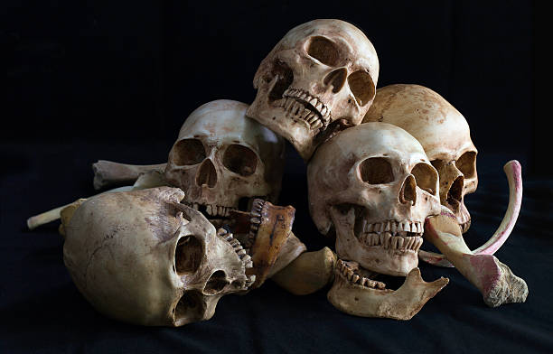 istock Awesome pile of skull and bone on black cloth background 609946956