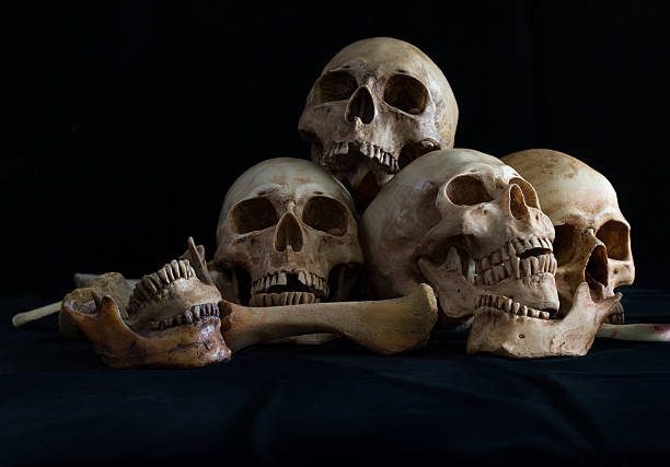 istock Awesome pile of skull and bone on black cloth 609947138