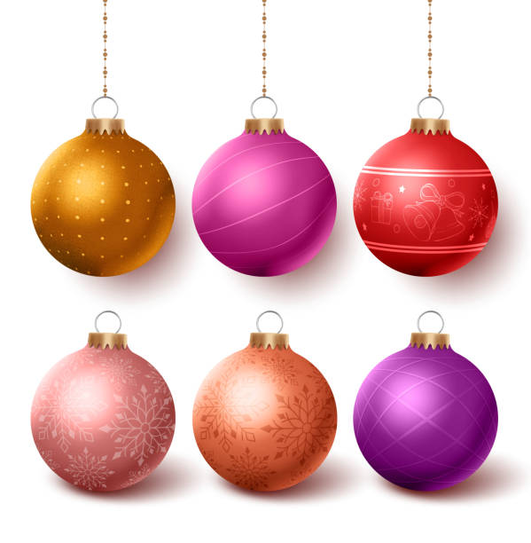 weihnachtskugeln bunte dekoration set hängen in isloated - clip art holiday white background humor stock-grafiken, -clipart, -cartoons und -symbole
