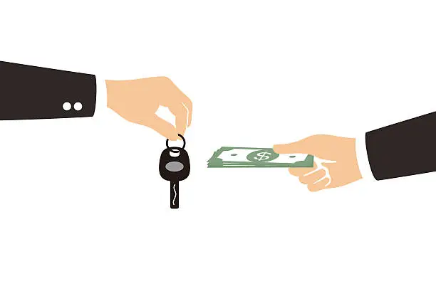 Vector illustration of female hand giving money and receiving car keys from seller