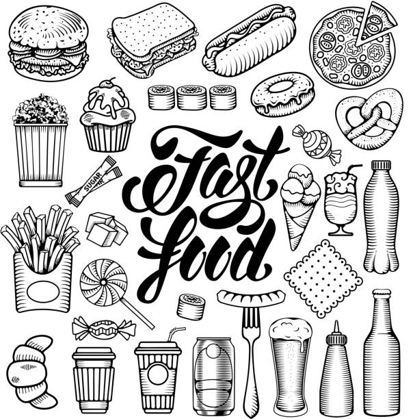 Fast food set Fast Food elements set with calligraphic lettering Fast Food. Hand drawn doodle style. Isolated Vector illustration. street food stock illustrations