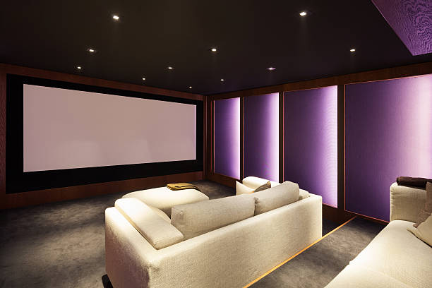 Home theater, luxury interior Home theater, luxury interior, comfortable divan and big screen entertainment center stock pictures, royalty-free photos & images