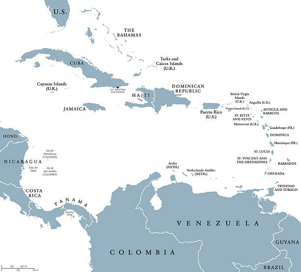 The Caribbean countries political map The Caribbean countries political map with national borders. The Caribbean Sea with Greater, Lesser and Leeward Antilles, with West Indies and parts of Central and South America. English labeling. caribbean stock illustrations