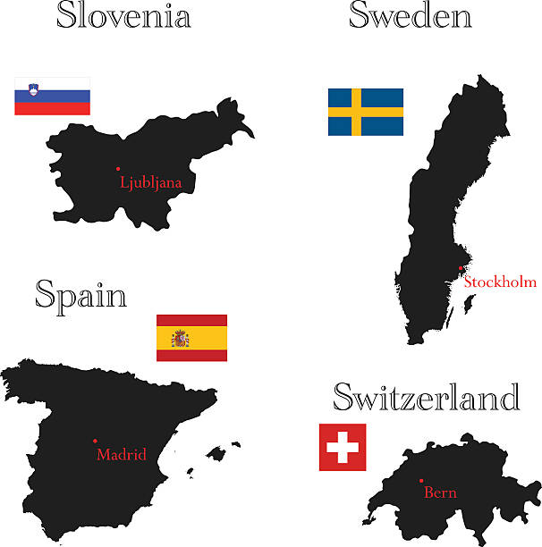 유럽 국가. 슬로베니아, 스페인, 스웨덴, 스위스 - spain switzerland stock illustrations