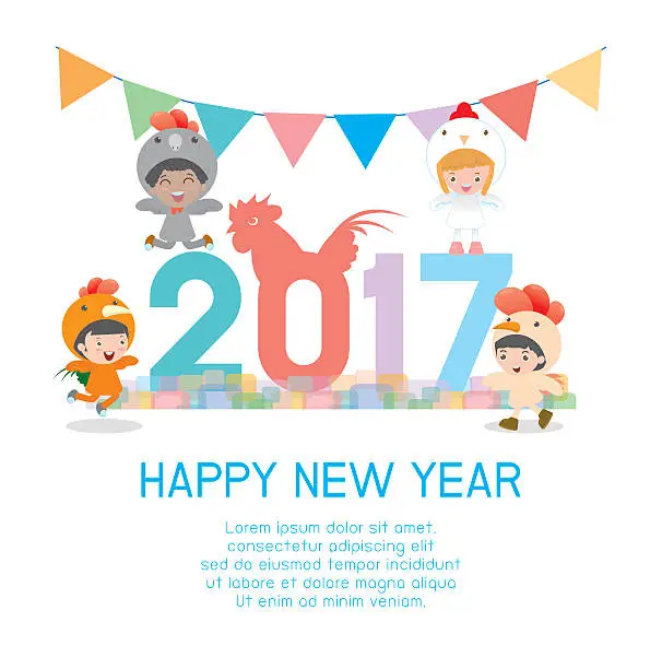 Vector illustration of Happy new year 2017, Colorful Happy New Year 2017 kids