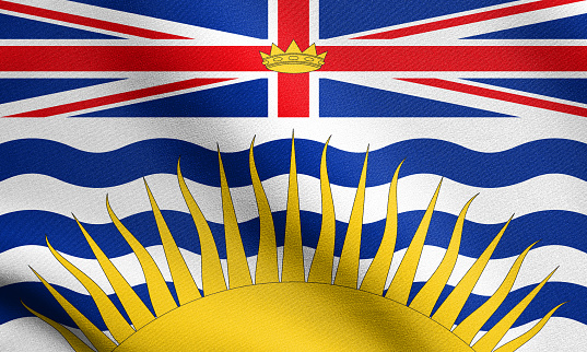 Canadian provincial BC patriotic element and official symbol. Canada banner and background. Flag of the Canadian province of British Columbia waving in the wind with detailed fabric texture