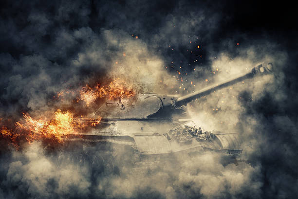 istock Burning tank in a puff of smoke 610006604