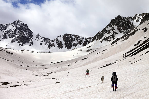 istock Two hikers with dog at spring snowy mountains in morning 610007048