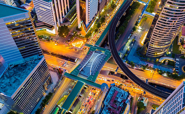 istock Top view city road intersection lights night view 610007252