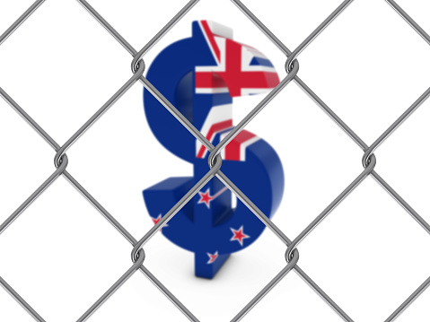 New Zealand Flag Dollar Symbol Behind Chain Link Fence with depth of field - 3D Illustration