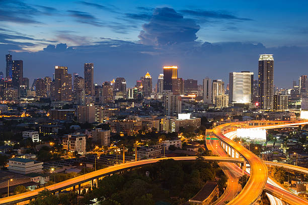 istock Twilight, aerial view city downtown background 610010296