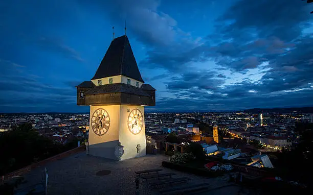 clocktower named grazer uhrturm on the schlossberg graz,styria,austria