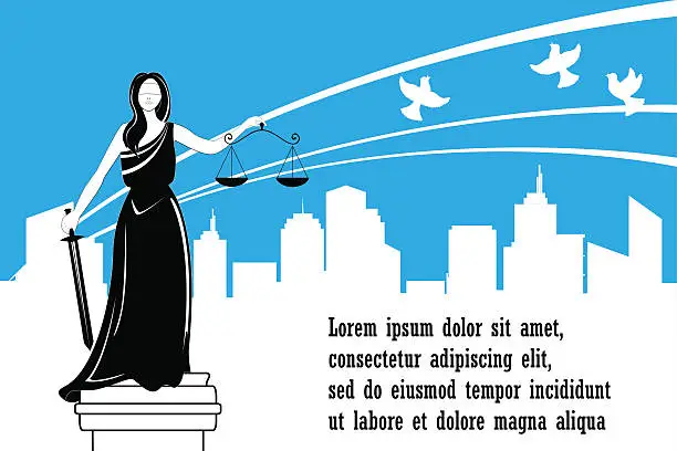 Vector illustration of Goddess of justice Themis on the city background.