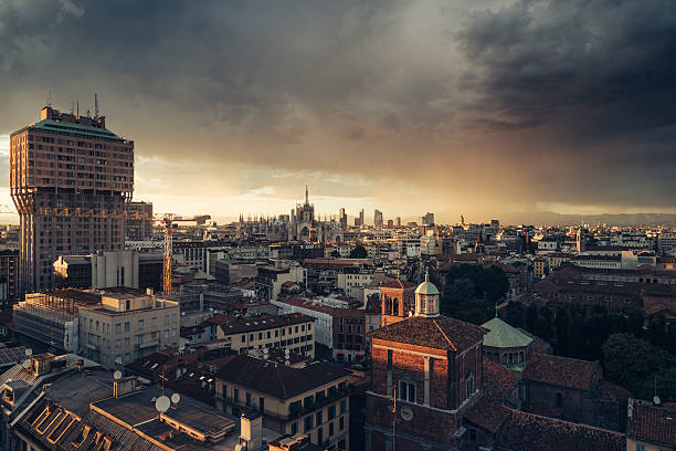 Milano, 2016 panoramic skyline with Italian Alps on Background
