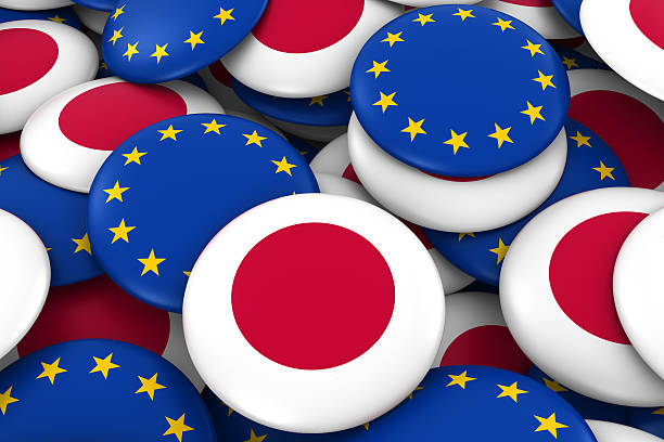 куча японских и европейских кнопок флага 3d иллюстрация - japanese flag flag japan national flag стоковые фото и изображения