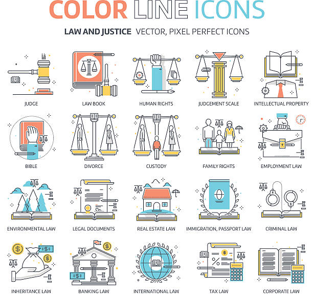 law illustrations Color line, law illustrations, icons, backgrounds and graphics. The illustration is colorful, flat, vector, pixel perfect, suitable for web and print. It is linear stokes and fills. lawyer backgrounds stock illustrations