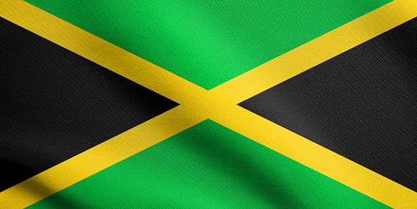 Jamaican national official flag. Patriotic symbol, banner, element, background. Flag of Jamaica waving in the wind with detailed fabric texture